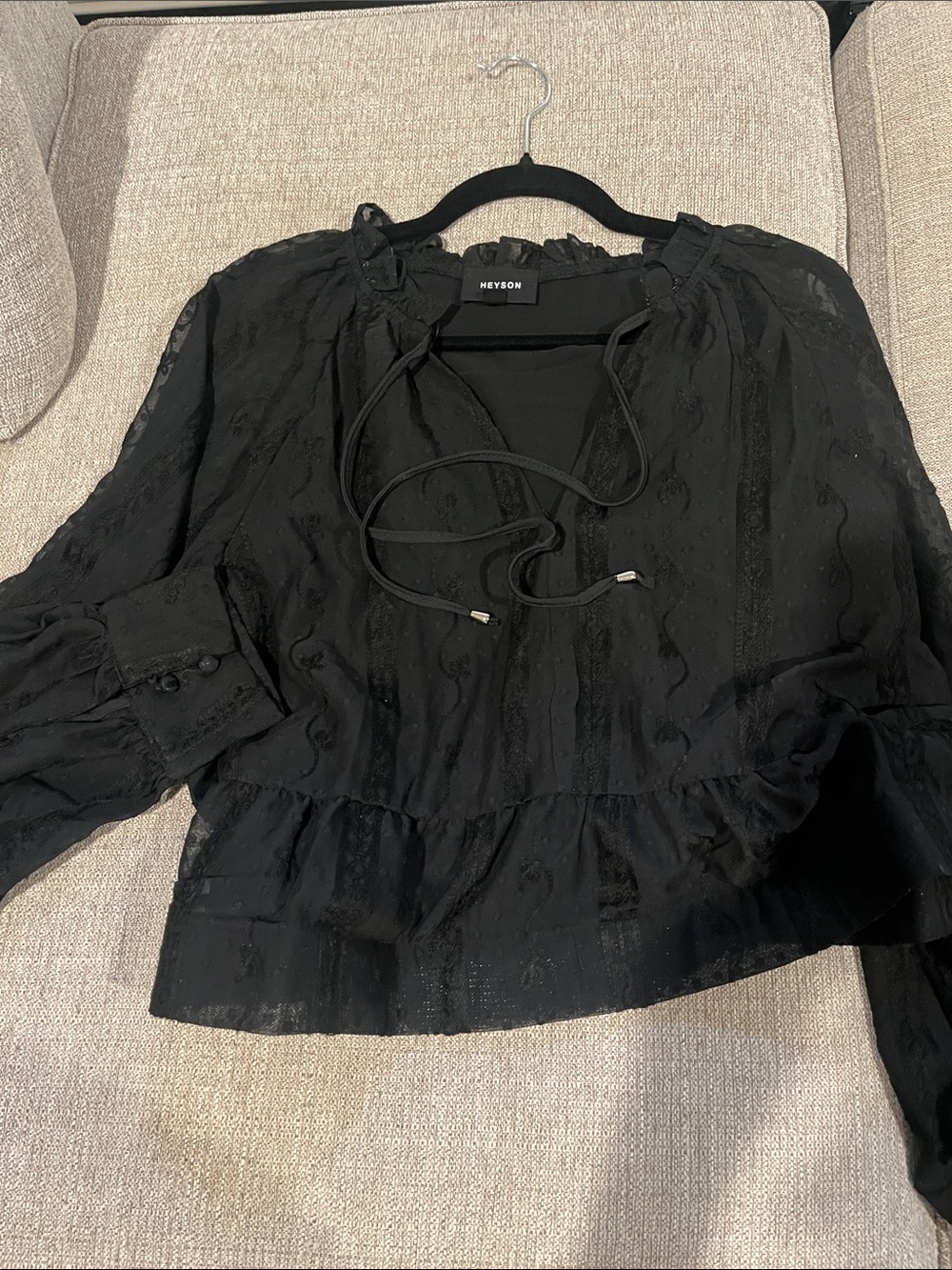 Heyson Women's Black Tie-Neck Peasant Blouse